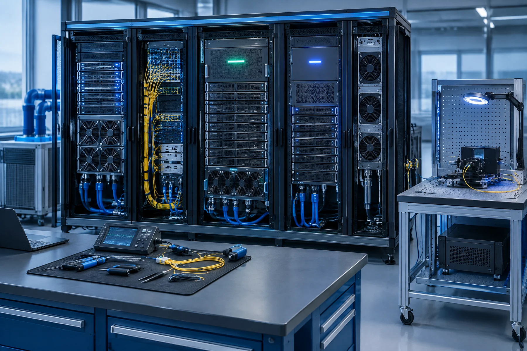 Five coordinated rollup client modules on an operator maintenance bench.