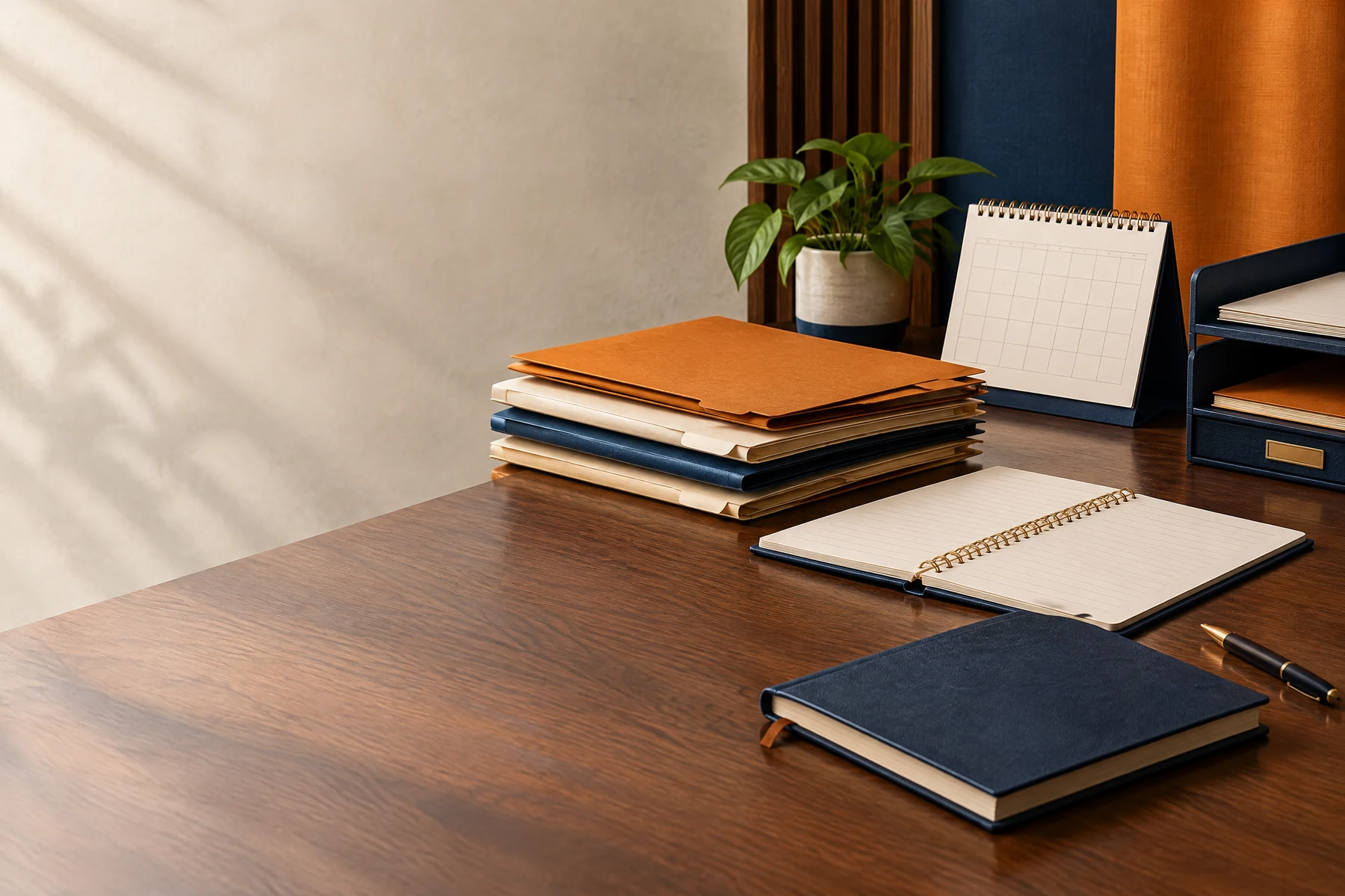 An organized compliance desk with unmarked document folders, a calendar, and a ledger notebook representing India VDA context.