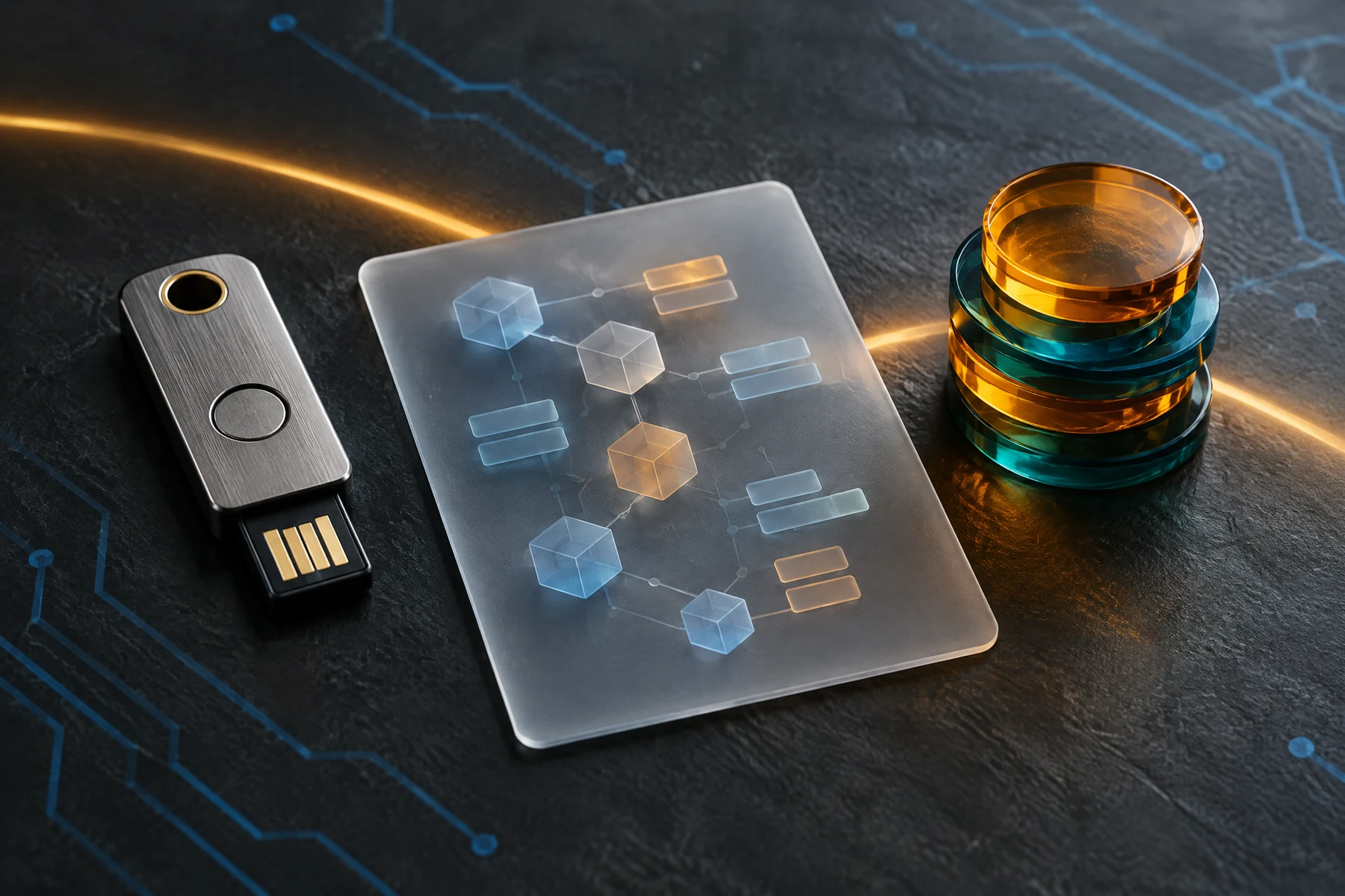 Unbranded security key, abstract transaction blocks and layered acrylic tokens on a dark engineering desk.