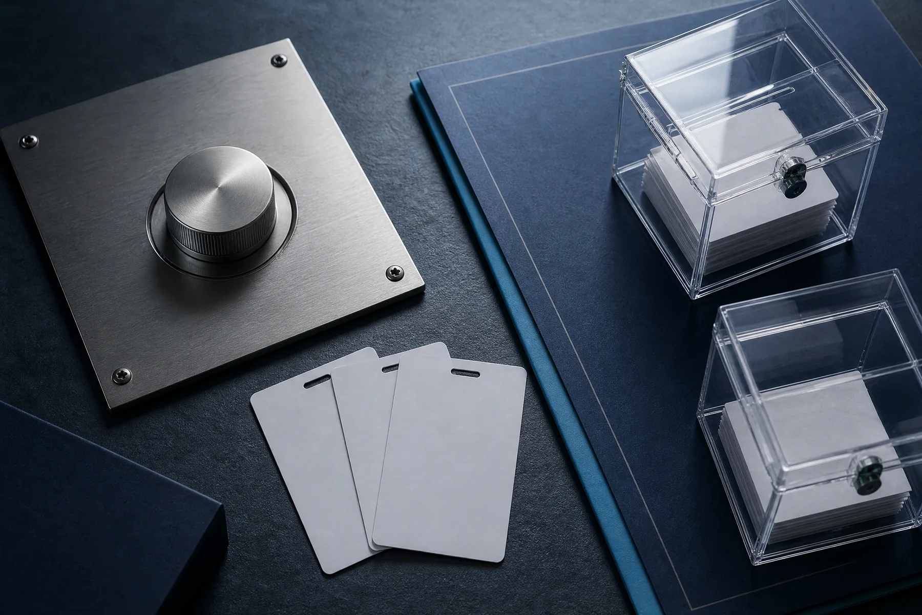 Access-control keycards and bounded controls arranged on a protocol governance review table.