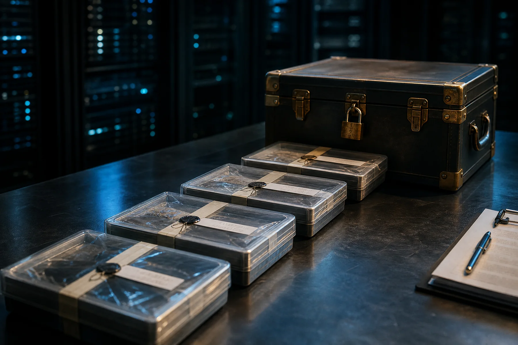Ordered evidence trays progressing toward a final locked record case