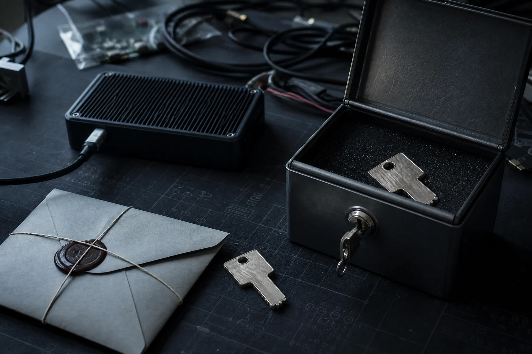 Two physical security keys beside an offline module and protected recovery envelope