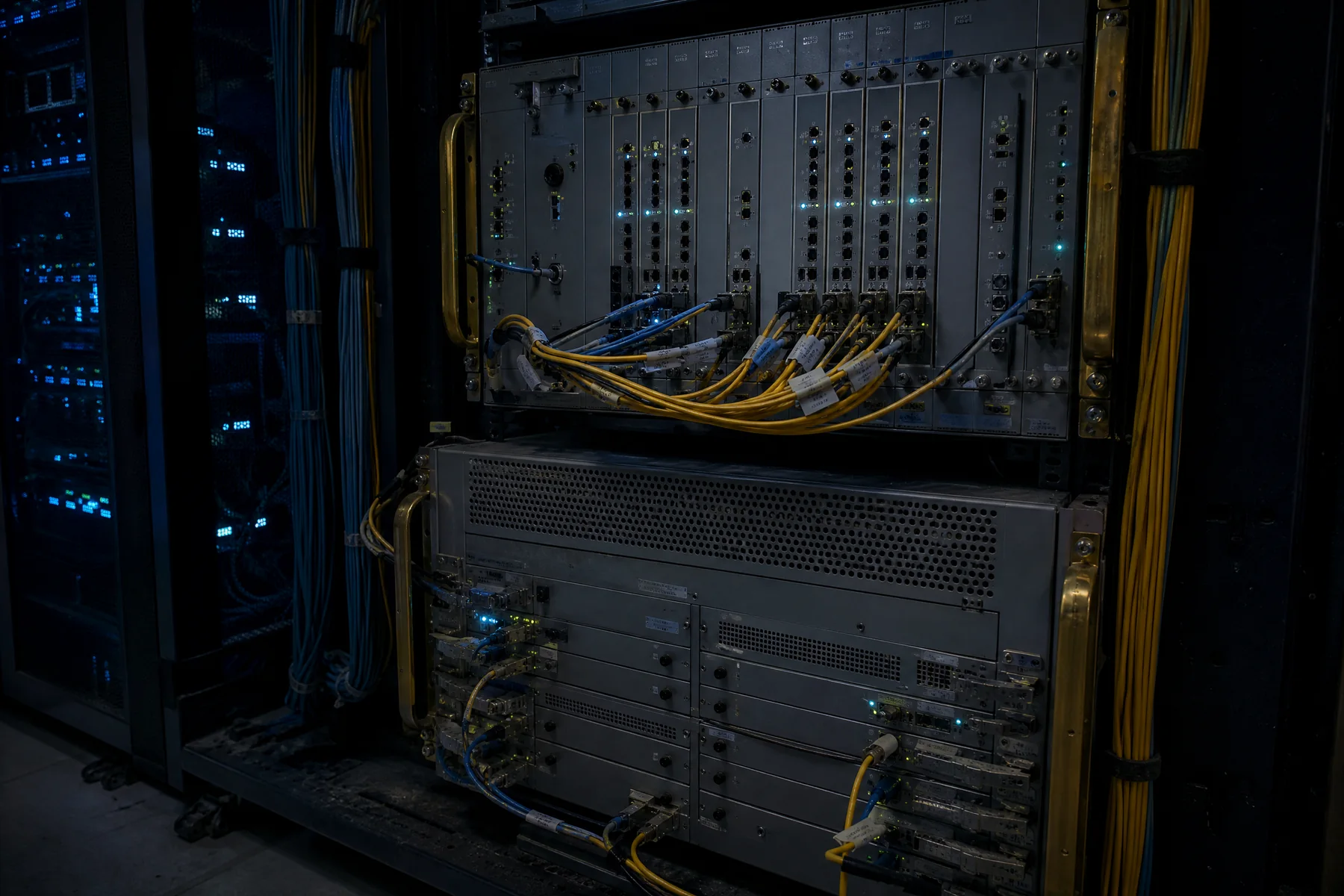 Layered network racks connected by visible fiber links in an engineering lab