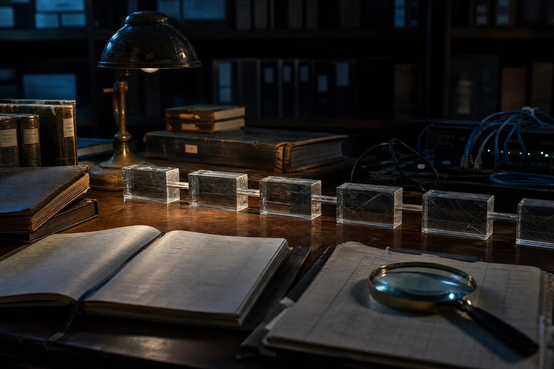 Archival ledger books and linked acrylic record blocks on a research desk