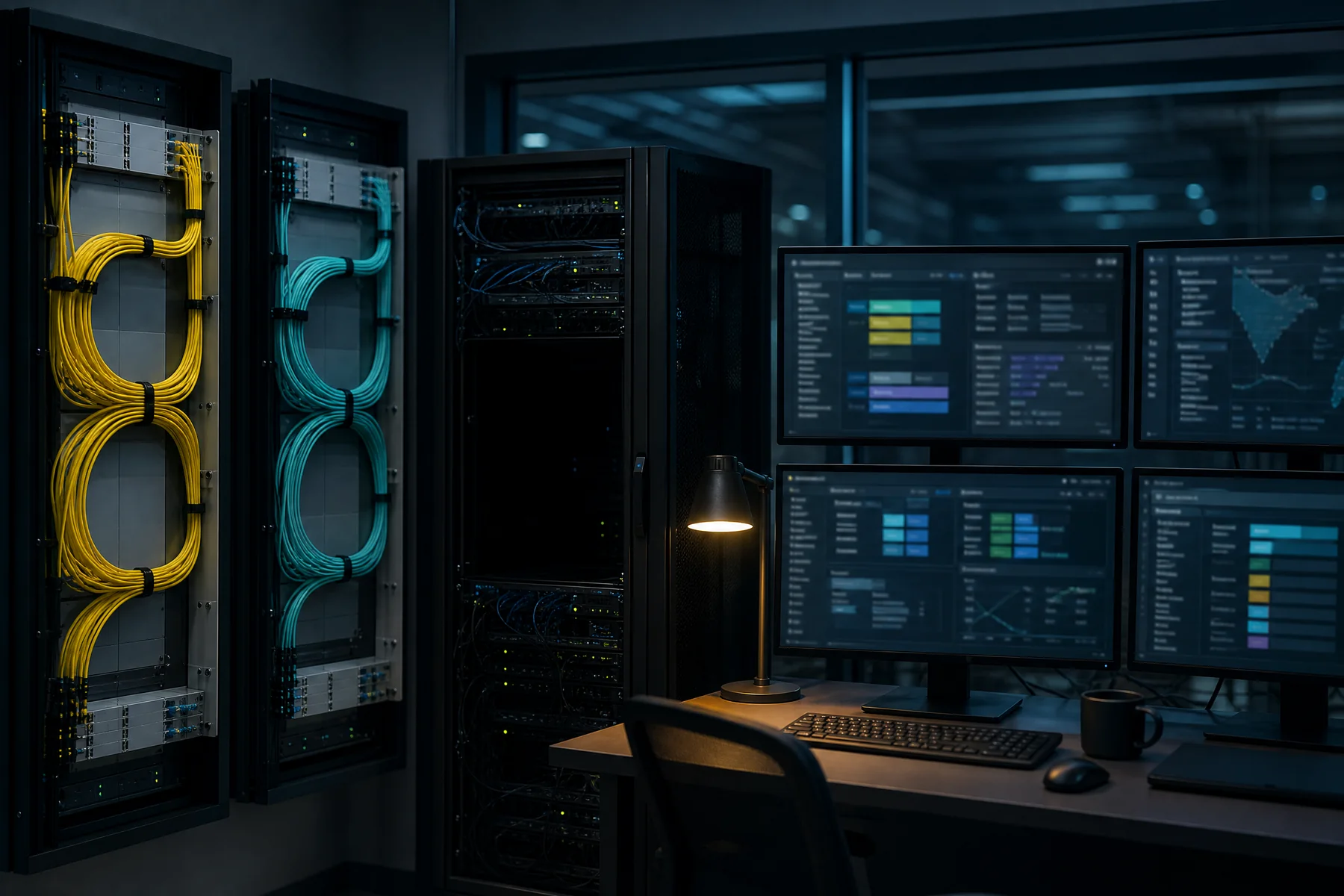Network operations room with separated transfer paths and an incident evidence console.