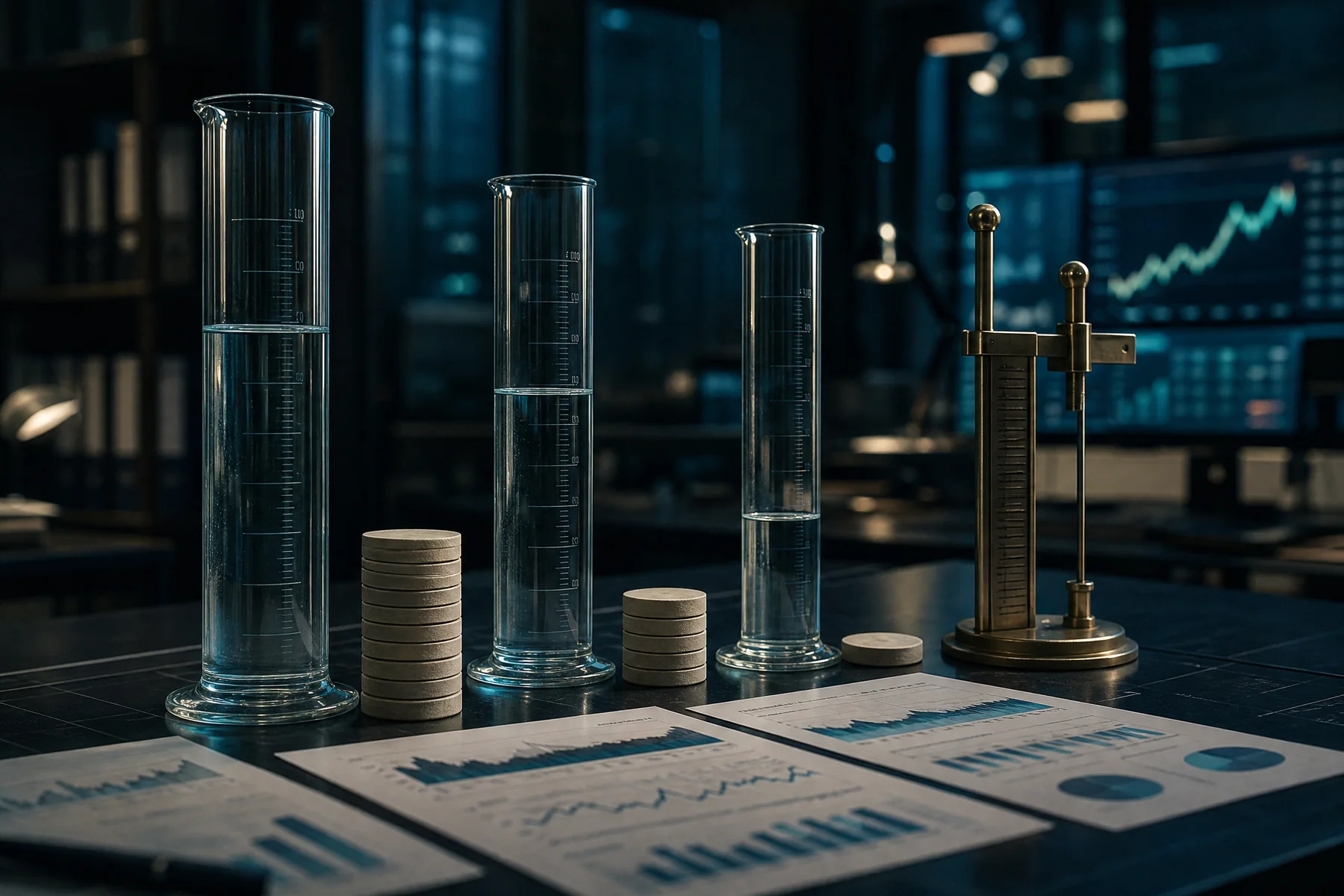 Measuring vessels, market charts and a depth gauge illustrating liquidity