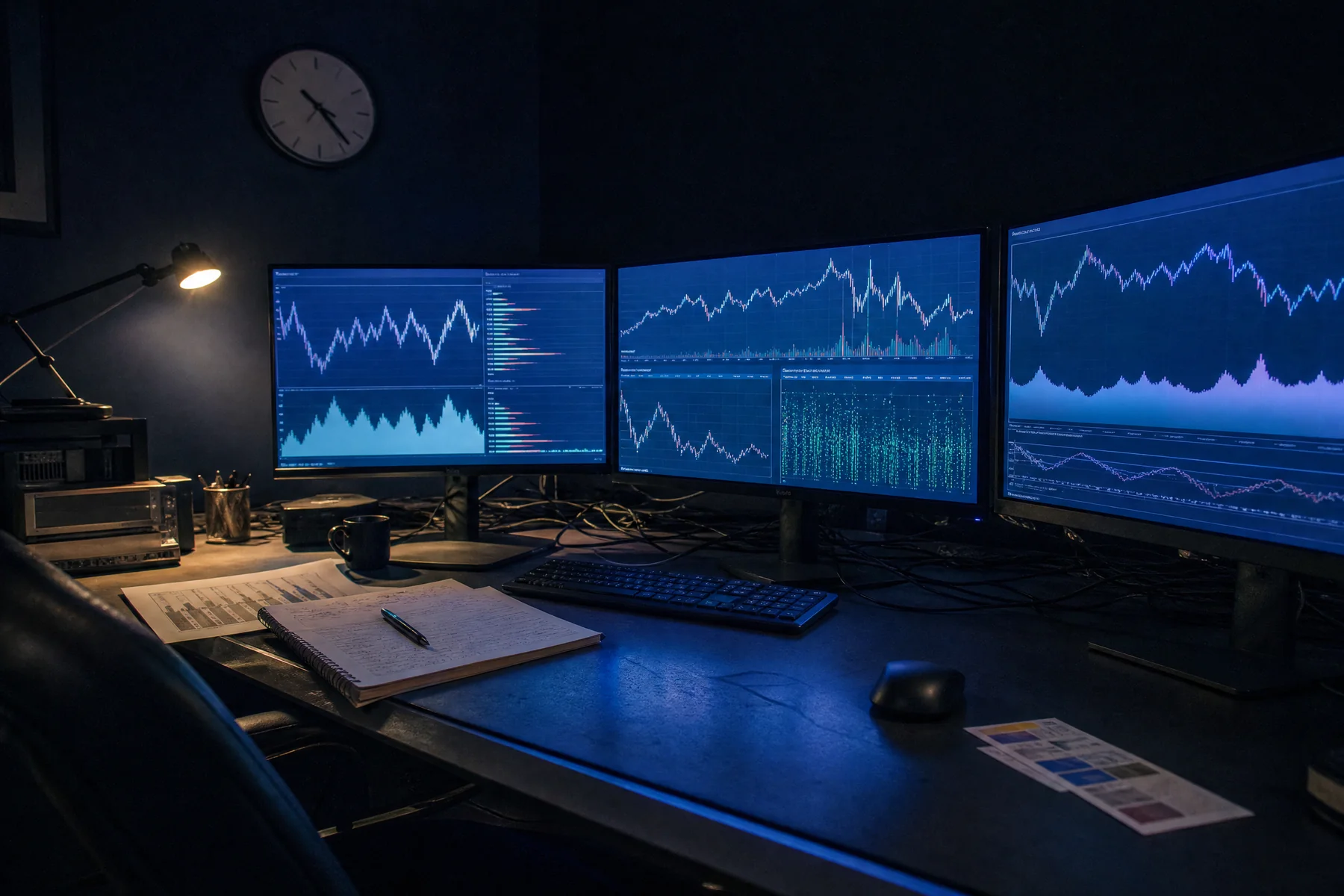 A market data desk with chart monitors, clock and analysis notes