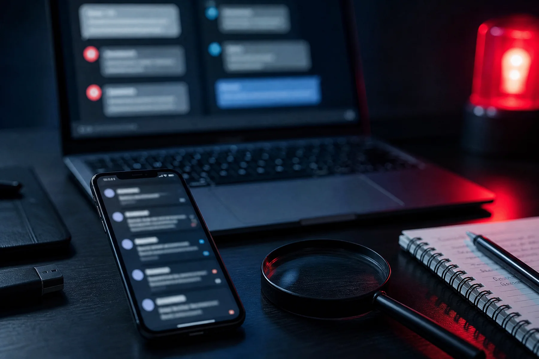 A phone and laptop with suspicious blurred notifications on a verification desk