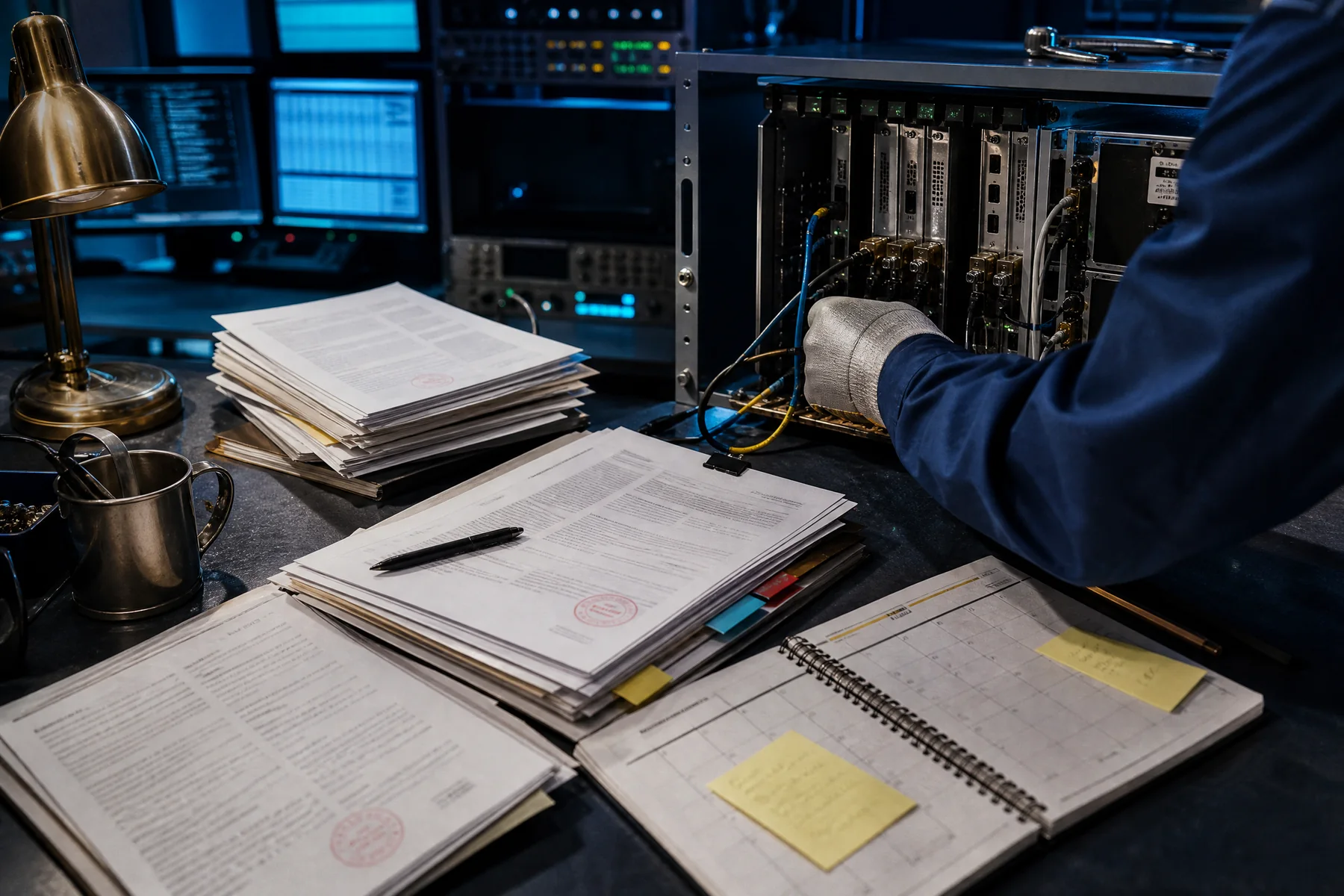 A network operations desk reviewing release packets and hardware modules