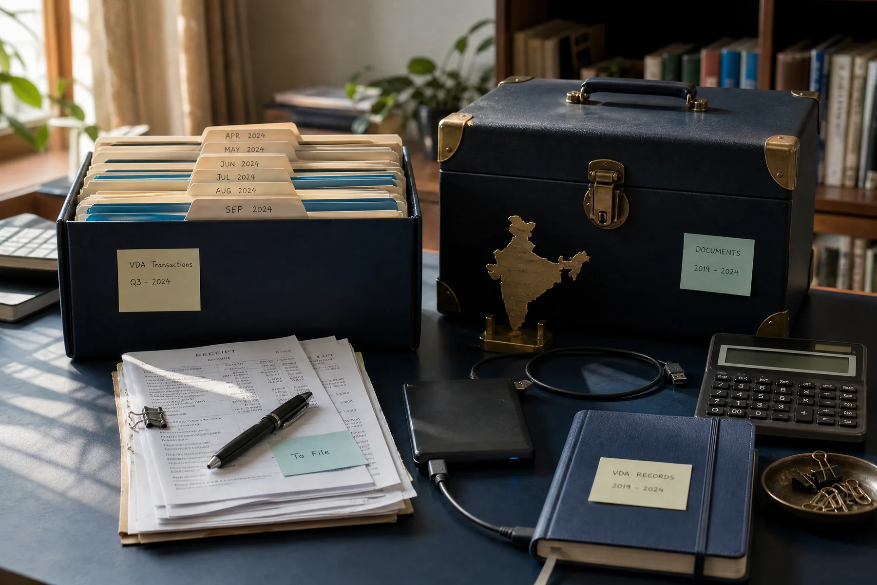 An organized India-focused transaction archive with receipts, drive and document case