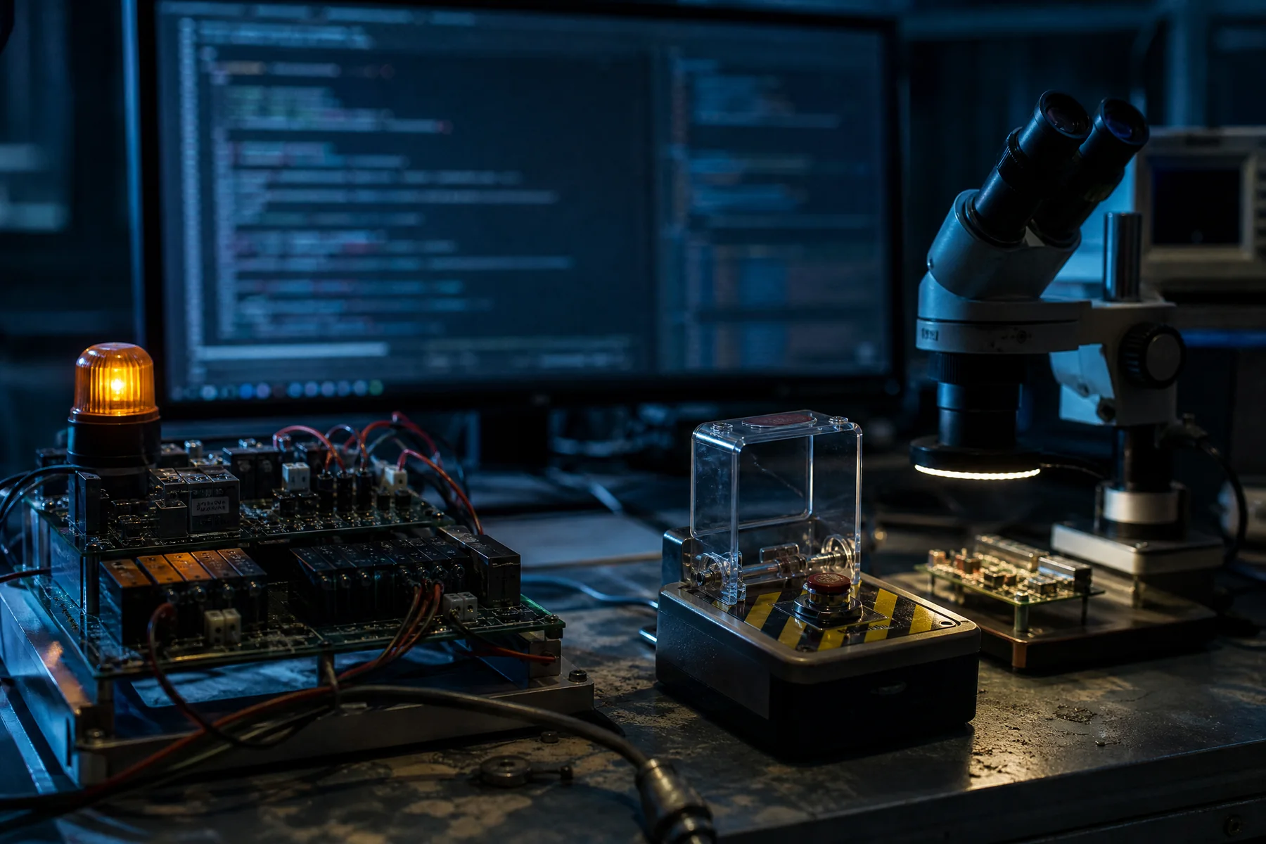 Software testing bench with relays, inspection microscope and protected deployment switch