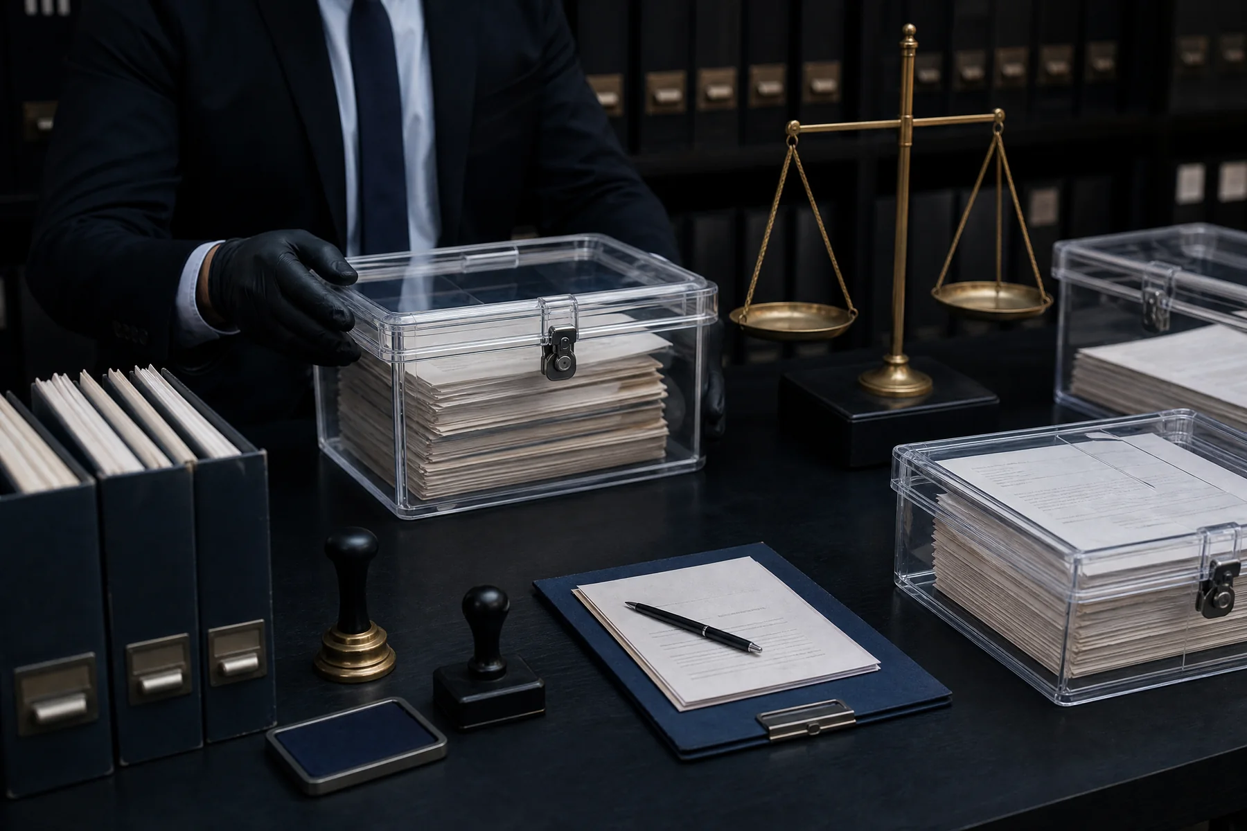 Reserve audit records, sealed containers and a balance scale