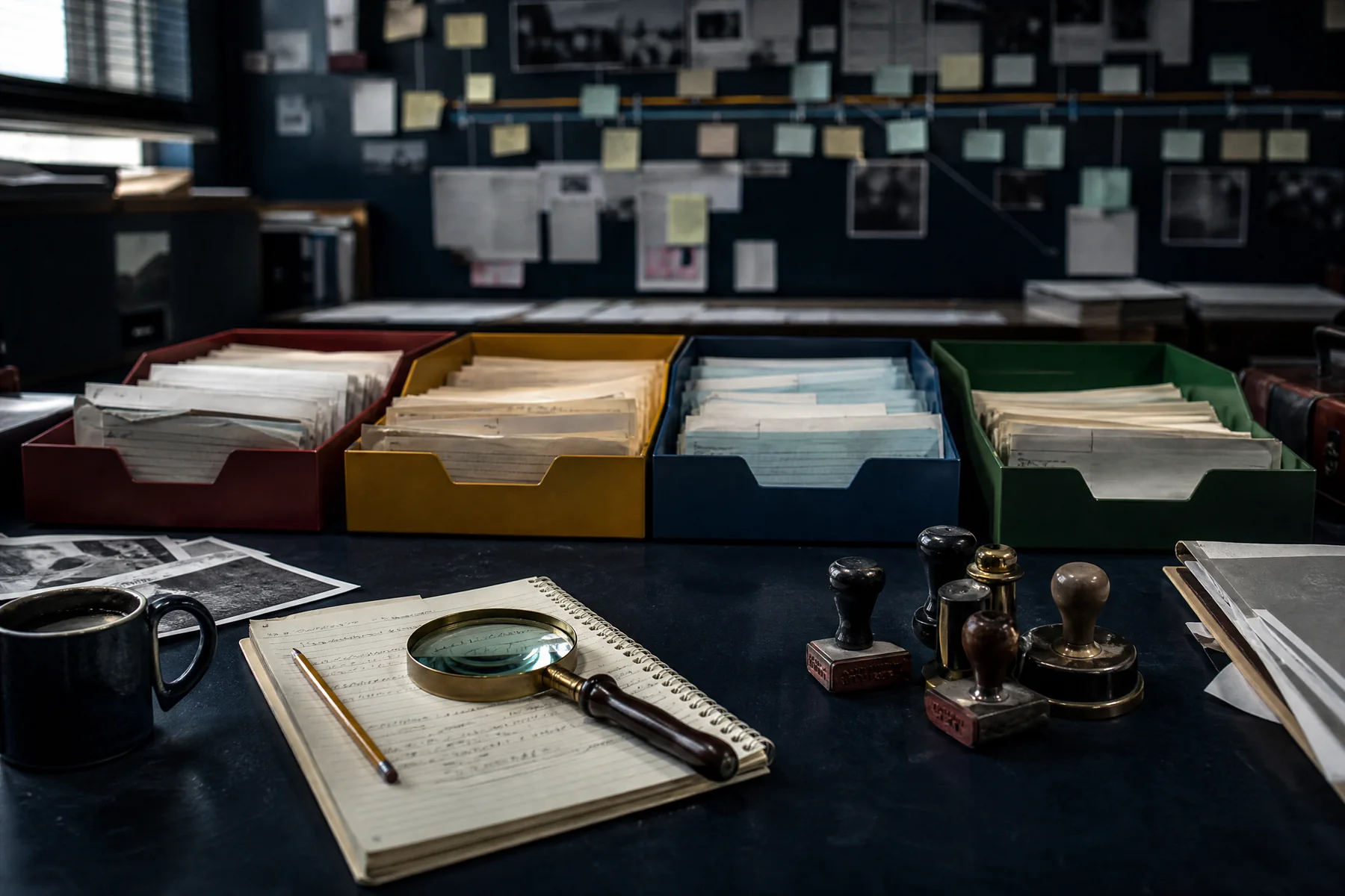 Evidence cards sorted by an editorial desk using review stamps and a magnifying glass